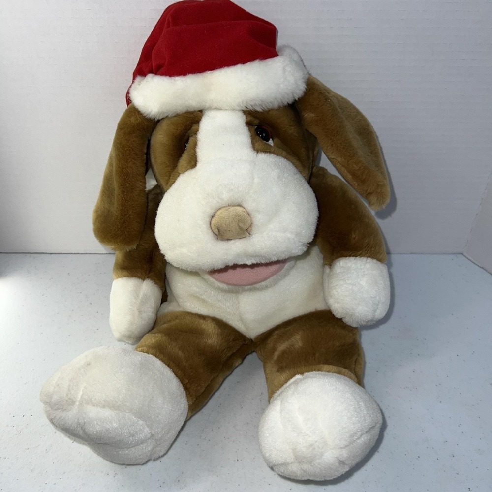Vintage Barking Dog‎ Plush Hand Puppet Full Body with Santa Hat Fine Toy Co 16"